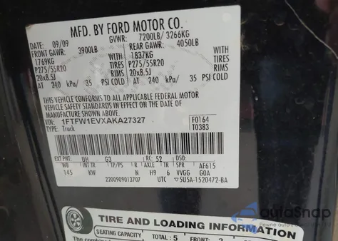 2010 Ford F-150 Fx4/Harley-Davidson/King Ranch/Lariat/Platinum/Xl/Xlt z USA, uszkodzony, nr VIN 1FTFW1EVXAKA27327
